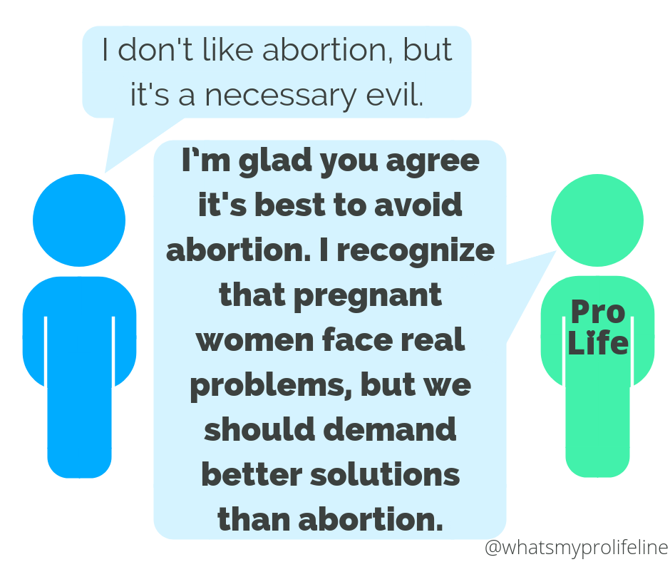 Person 1: I don’t like abortion, but it’s a necessary evil. Person 2 (our hero): I’m glad you agree it’s best to avoid abortion. I recognize that pregnant women face real problems, but we should demand better solutions than abortion.