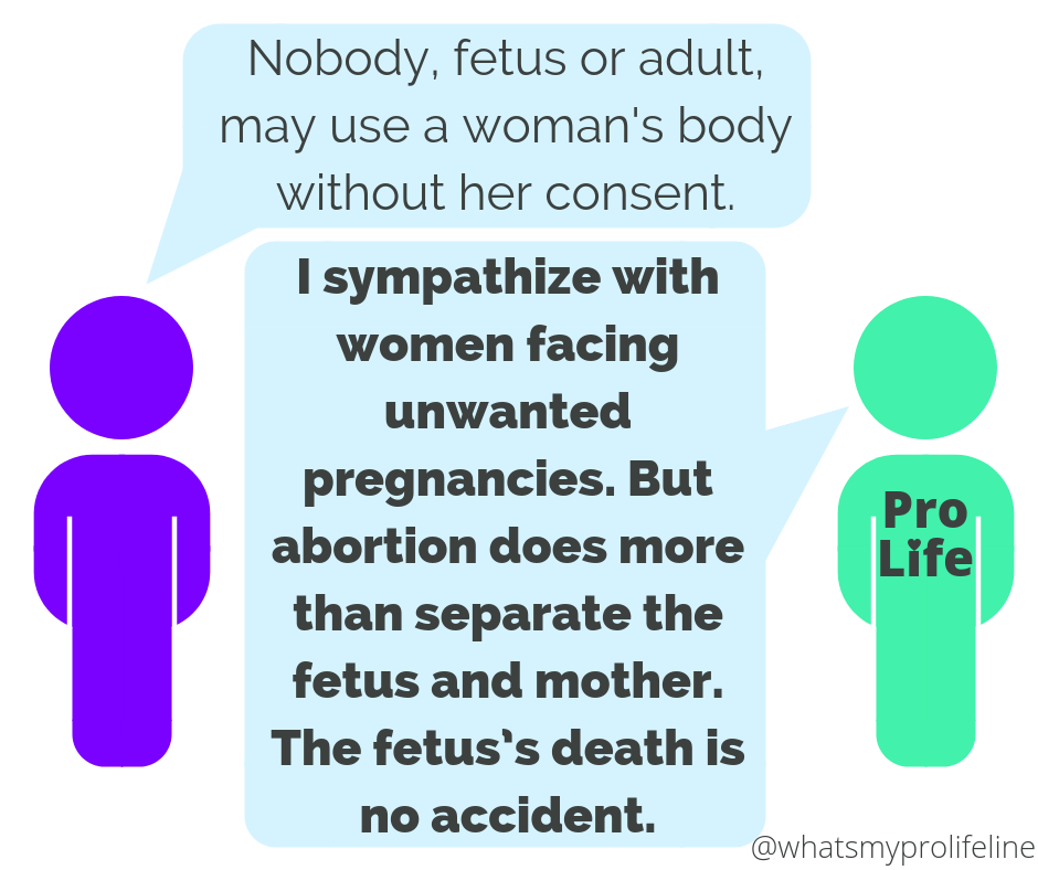 Person 1: Nobody, fetus or adult, may use a woman’s body without her consent. Person 2 (our hero): I sympathize with women facing unwanted pregnancies. But abortion does more than separate the fetus and mother. The fetus’s death is no accident.