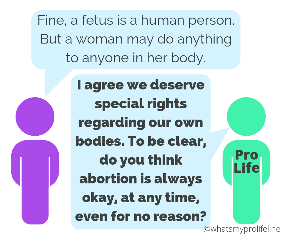 Person 1: Fine, a fetus is a human person. But a woman may do anything to anyone in her body. Person 2 (our hero): I agree we deserve special rights regarding our own bodies. To be clear, do you think abortion is always okay, at any time, even for no reason?