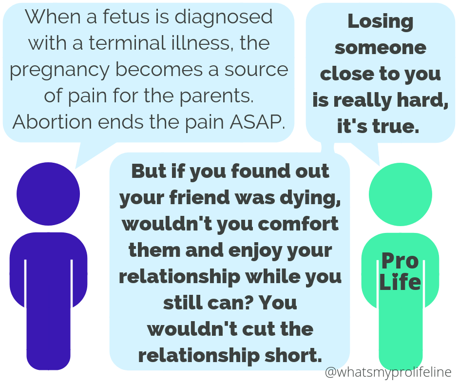 Person 1: When a fetus is diagnosed with a terminal illness, the pregnancy becomes a source of pain for the parents. Abortion ends the pain ASAP. Person 2 (our hero): Losing someone close to you is really hard, it’s true. But if you found out your friend was dying, wouldn’t you comfort them and enjoy your relationship while you still can? You wouldn’t cut the relationship short.