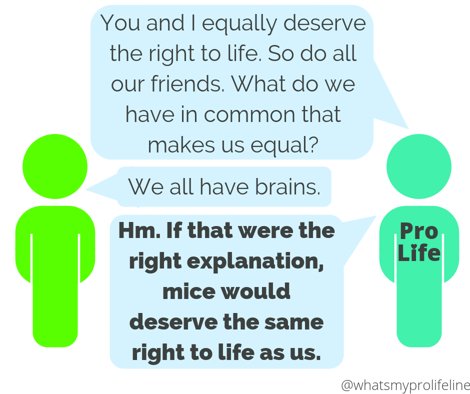 Person 1 (our hero): You and I equally deserve the right to life. So do all our friends. What do we have in common that makes us equal? Person 2: We all have brains. Person 1 (our hero): Hm. If that were the right explanation, mice would deserve the same right to life as us.