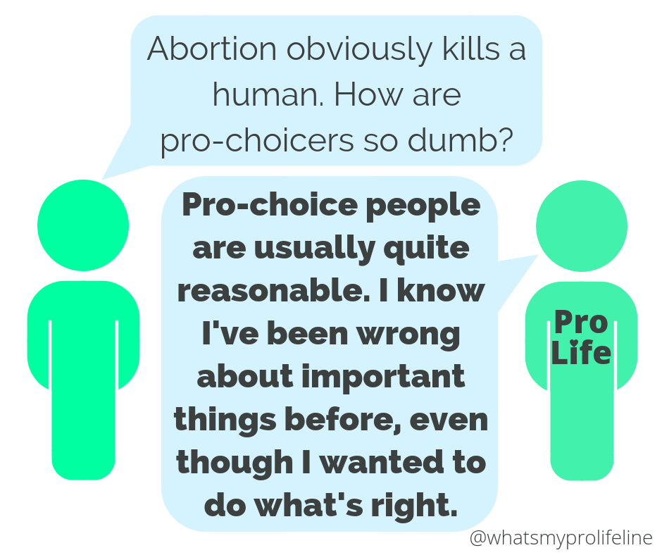 Person 1: Abortion obviously kills a human. How are pro-choicers so dumb? Person 2 (our hero): Pro-choice people are usually quite reasonable. I know I’ve been wrong about important things before, even though I wanted to do what’s right.