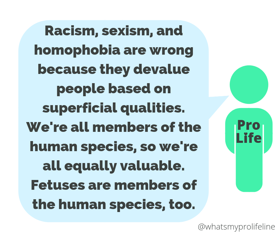 Our hero: Racism, sexism, and homophobia are wrong because they devalue people based on superficial qualities. We’re all members of the human species, so we’re all equally valuable. Fetuses are members of the human species, too.