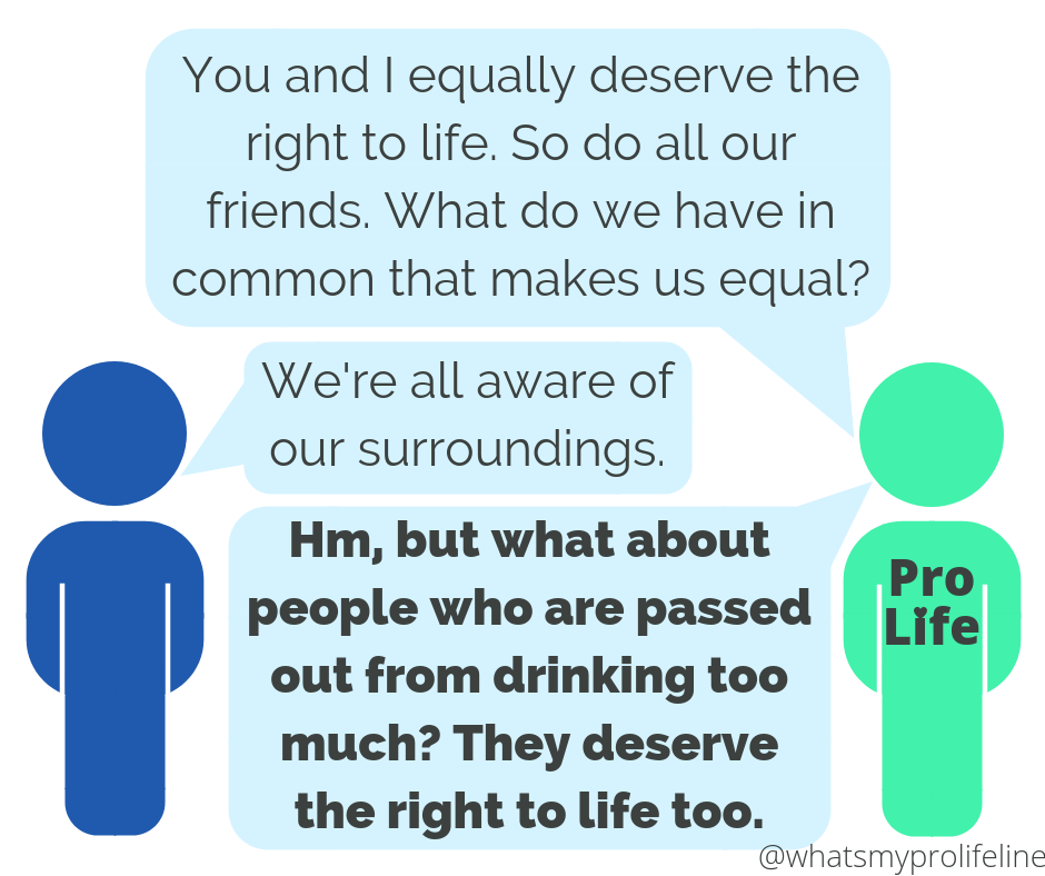 Person 1 (our hero): You and I equally deserve the right to life. So do all our friends. What do we have in common that makes us equal? Person 2: We’re all aware of our surroundings. Person 1 (our hero): Hm, but what about people who are passed out from drinking too much? They deserve the right to life too.