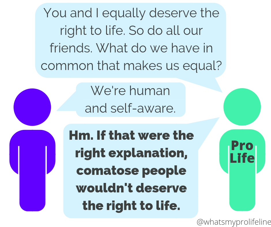 Person 1 (our hero): You and I equally deserve the right to life. So do all our friends. What do we have in common that makes us equal? Person 2: We’re human and self-aware. Person 1 (our hero): Hm. If that were the right explanation, comatose people wouldn’t deserve the right to life.