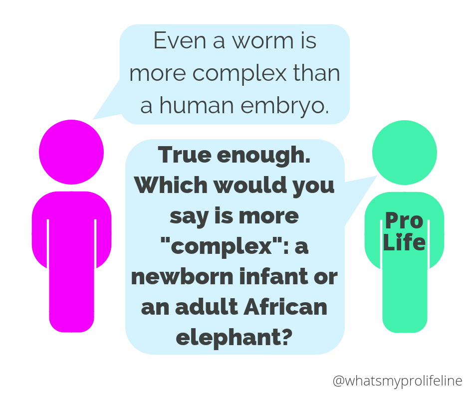 Person 1: Even a worm is more complex than a human embryo. Person 2 (our hero): True enough. Which would you say is more “complex”: a newborn infant or an adult African elephant?
