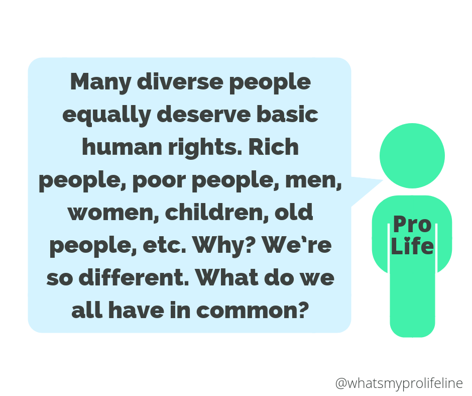 Our hero: Many diverse people equally deserve basic human rights. Rich people, poor people, men, women, children, old people, etc. Why? We’re so different. What do we all have in common?