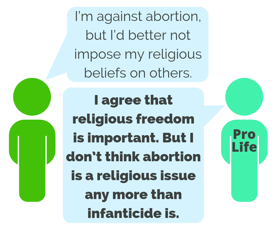 Person 1: I’m against abortion, but I’d better not impose my religious beliefs on others. Person 2 (our hero): I agree that religious freedom is important. But I don’t think abortion is a religious issue any more than infanticide is.