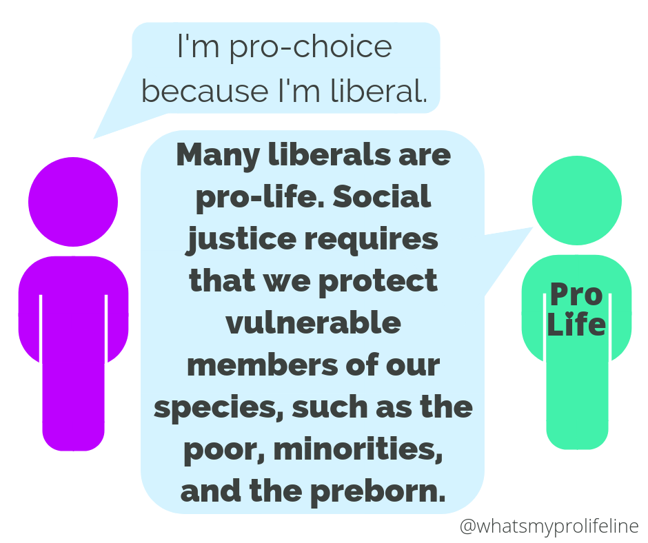 Person 1: I’m pro-choice because I’m liberal. Person 2 (our hero): Many liberals are pro-life. Social justice requires that we protect vulnerable members of our species, such as the poor, minorities, and the preborn.