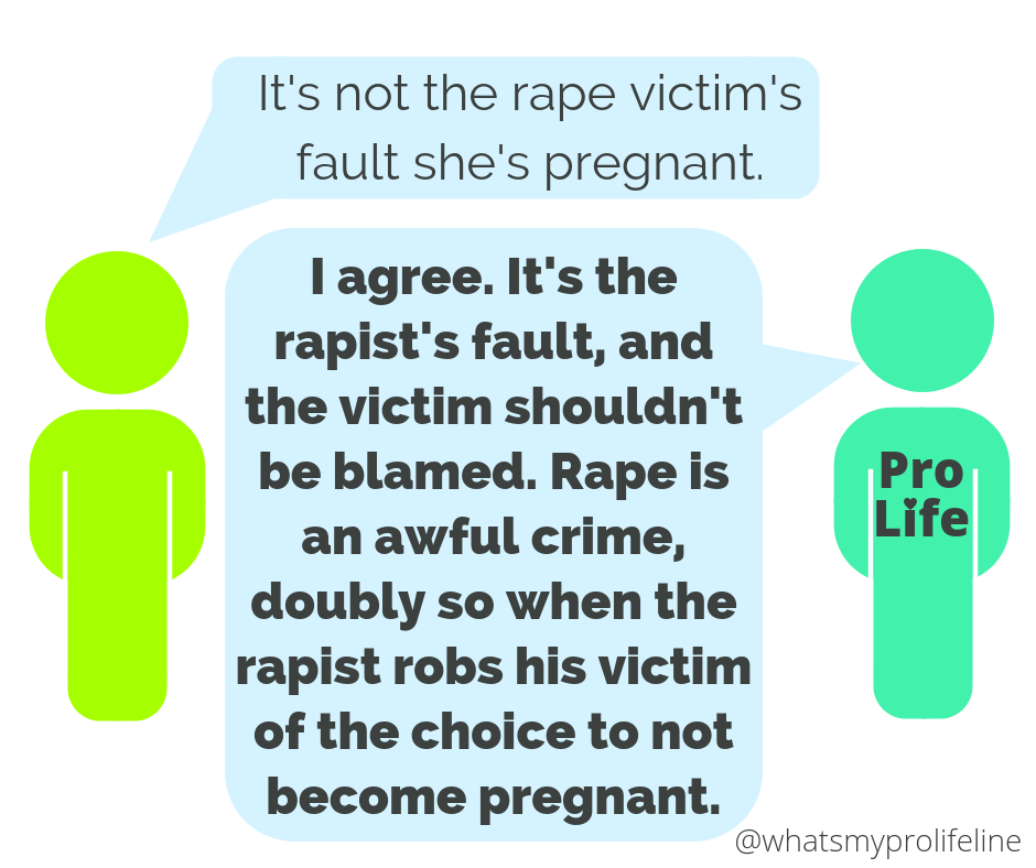 Person 1: It’s not the rape victim’s fault she’s pregnant. Person 2 (our hero): I agree. It’s the rapist’s fault, and the victim shouldn’t be blamed. Rape is an awful crime, doubly so when the rapist robs his victim of the choice to not become pregnant.