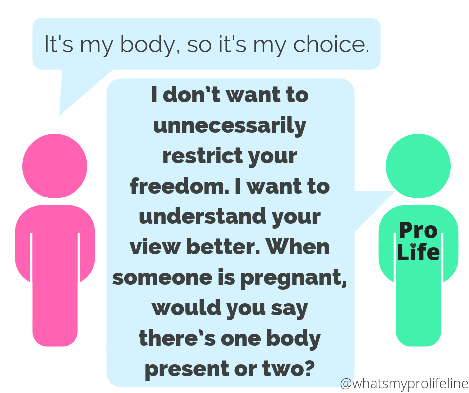 Person 1: It’s my body, so it’s my choice. Person 2 (our hero): I don’t want to unnecessarily restrict your freedom. I want to understand your view better. When someone is pregnant, would you say there’s one body present or two?
