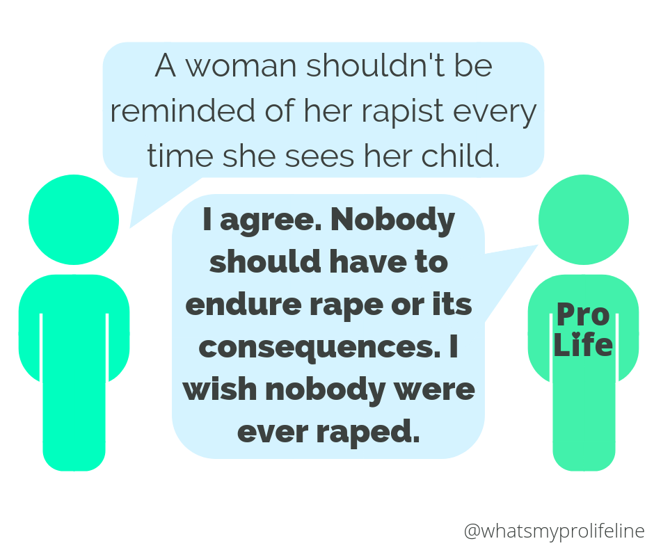 Person 1: A woman shouldn’t be reminded of her rapist every time she sees her child. Person 2 (our hero): I agree. Nobody should have to endure rape or its consequences. I wish nobody were ever raped.