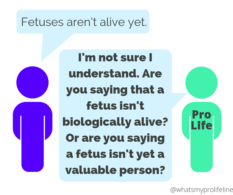 Person 1: Fetuses aren’t alive yet. Person 2 (our hero): I’m not sure I understand. Are you saying that a fetus isn’t biologically alive? Or are you saying a fetus isn’t yet a valuable person?
